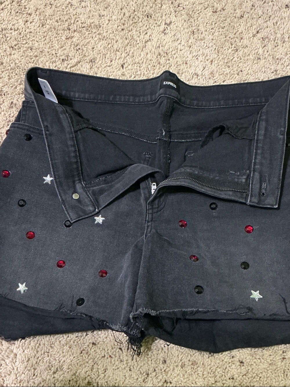Express Black Denim Shorts with Red and Black Sequins and Silver Stars